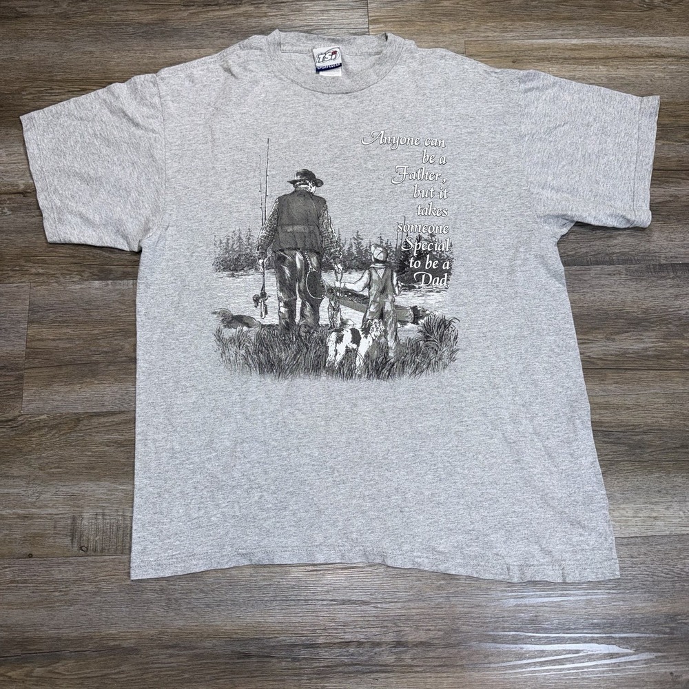 VTG 90s TSI Sportswear Shirt Mens Large Gray Fishing Dad & Child Graphic Print
